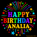 Personalized greeting card with name, colorful text that says 'Happy Birthday Analia' surrounded by animated fireworks and multicolor stars