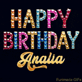 Vibrant luxury birthday greeting card for Analia, showing glittering gemstone letters and golden calligraphy on a dark background with twinkling shine effects.