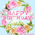 A charming animated GIF featuring 'Happy Birthday Analia' in pink and green text, surrounded by delicate roses, leaves, and fluttering butterflies on a soft light blue pastel background.