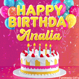 Pink-themed animated greeting with balloons, confetti, and a frosted cake under the message 'Happy Birthday Analia' in bold rounded yellow font.