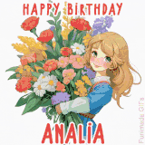 Bright floral birthday animation for Analia showing a cute cartoon girl with golden hair and expressive eyes holding a huge bouquet, surrounded by birthday text.