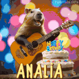 Animated birthday GIF showing a capybara playing guitar and singing beside a birthday cake with the name Analia in large letters and colorful bokeh lights in the background.