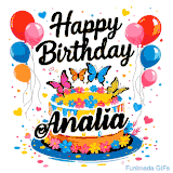 An animated birthday card for Analia. It features a festive cake with her name, 'Analia', and colorful butterflies. Floating balloons and hearts complete the joyful scene.