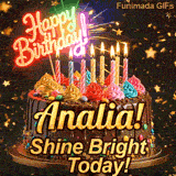 A customized birthday ecard for Analia displaying a rich chocolate cake with a sparkly dark background.