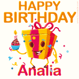 A vibrant and funny gift box character with a happy face dancing with a cupcake and the text 'Happy Birthday Analia,' surrounded by animated confetti and party vibes.