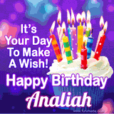 A colorful birthday GIF for Analiah featuring a cupcake with vibrant lit candles and the text 'It's Your Day to Make a Wish! Happy Birthday Analiah' in bold letters on a festive purple background.