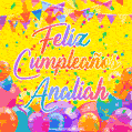 A bright and festive GIF with the text 'Feliz Cumpleaños Analiah' in Spanish in colorful fonts, surrounded by confetti, balloons, and festive banners on a vibrant yellow background.