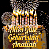 A chocolate birthday cake with glowing candles, the German text 'Alles Gute zum Geburtstag Analiah,' and vibrant fireworks lighting up the background in an animated GIF.