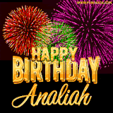 A golden 'Happy Birthday Analiah' message with vibrant fireworks in the background, creating a festive and celebratory vibe in this animated name GIF.