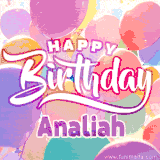 A vibrant name GIF featuring colorful balloons in shades of pink, orange, and yellow with the bold text 'Happy Birthday Analiah' in festive fonts, creating a lively birthday vibe.