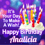 A colorful birthday GIF for Analicia featuring a cupcake with vibrant lit candles and the text 'It's Your Day to Make a Wish! Happy Birthday Analicia' in bold letters on a festive purple background.