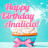 A festive cupcake with pink icing, a gingham bow, and a lit animated sparkler, paired with 'Happy Birthday Analicia!' in bright pink text.