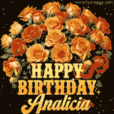 Animated bouquet of orange roses with moving butterfles and golden 'Happy Birthday Analicia' text, surrounded by sparkling accents and a dark backdrop for a luxurious feel.