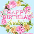 A charming animated GIF featuring 'Happy Birthday Analicia' in pink and green text, surrounded by delicate roses, leaves, and fluttering butterflies on a soft light blue pastel background.