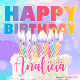 A vibrant animated name GIF with the words 'Happy Birthday Analicia' with colorful candles on a creamy cake. The background sparkles with pastel shades, adding a festive touch.
