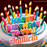 A colorful birthday cake topped with lit candles, with the words 'Happy Birthday Analicia' in bold glowing letters on a burgundy background. Animated flames add a festive touch.