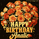 Animated bouquet of orange roses with moving butterfles and golden 'Happy Birthday Analie' text, surrounded by sparkling accents and a dark backdrop for a luxurious feel.