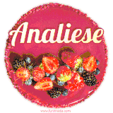 Beautifully decorated red velvet berry birthday cake with vibrant fruits and a glowing 'Analiese' name, adding a touch of sweetness and sparkle.