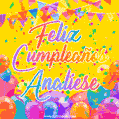 A bright and festive GIF with the text 'Feliz Cumpleaños Analiese' in Spanish in colorful fonts, surrounded by confetti, balloons, and festive banners on a vibrant yellow background.