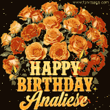 Animated bouquet of orange roses with moving butterfles and golden 'Happy Birthday Analiese' text, surrounded by sparkling accents and a dark backdrop for a luxurious feel.