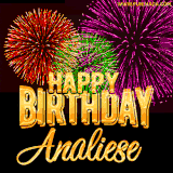 A golden 'Happy Birthday Analiese' message with vibrant fireworks in the background, creating a festive and celebratory vibe in this animated name GIF.
