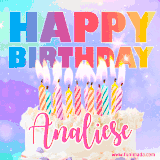 A vibrant animated name GIF with the words 'Happy Birthday Analiese' with colorful candles on a creamy cake. The background sparkles with pastel shades, adding a festive touch.