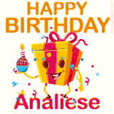 A vibrant and funny gift box character with a happy face dancing with a cupcake and the text 'Happy Birthday Analiese,' surrounded by animated confetti and party vibes.