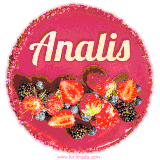 Beautifully decorated red velvet berry birthday cake with vibrant fruits and a glowing 'Analis' name, adding a touch of sweetness and sparkle.