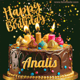 A delightful chocolate birthday cake with bright candles and 'Happy Birthday Analis' written in gold amidst a shower of animated stars.