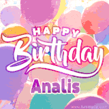 A vibrant name GIF featuring colorful balloons in shades of pink, orange, and yellow with the bold text 'Happy Birthday Analis' in festive fonts, creating a lively birthday vibe.