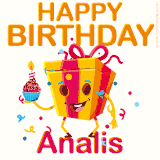 A vibrant and funny gift box character with a happy face dancing with a cupcake and the text 'Happy Birthday Analis,' surrounded by animated confetti and party vibes.