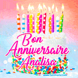 A white birthday cake covered in colorful sprinkles, topped with bright candles, and French text 'Bon Anniversaire Analisa' on a pastel gradient background in an animated GIF.