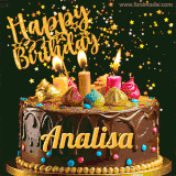 A delightful chocolate birthday cake with bright candles and 'Happy Birthday Analisa' written in gold amidst a shower of animated stars.