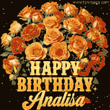 Animated bouquet of orange roses with moving butterfles and golden 'Happy Birthday Analisa' text, surrounded by sparkling accents and a dark backdrop for a luxurious feel.
