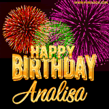 A golden 'Happy Birthday Analisa' message with vibrant fireworks in the background, creating a festive and celebratory vibe in this animated name GIF.