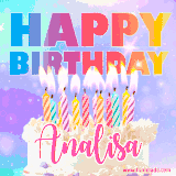 A vibrant animated name GIF with the words 'Happy Birthday Analisa' with colorful candles on a creamy cake. The background sparkles with pastel shades, adding a festive touch.