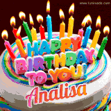 A colorful birthday cake topped with lit candles, with the words 'Happy Birthday Analisa' in bold glowing letters on a burgundy background. Animated flames add a festive touch.