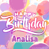A vibrant name GIF featuring colorful balloons in shades of pink, orange, and yellow with the bold text 'Happy Birthday Analisa' in festive fonts, creating a lively birthday vibe.