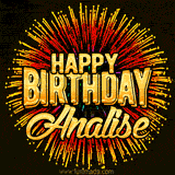 Golden 'Happy Birthday Analise' text accompanied by animated rainbow fireworks for a festive animated greeting.