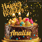 A delightful chocolate birthday cake with bright candles and 'Happy Birthday Analise' written in gold amidst a shower of animated stars.