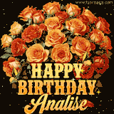 Animated bouquet of orange roses with moving butterfles and golden 'Happy Birthday Analise' text, surrounded by sparkling accents and a dark backdrop for a luxurious feel.
