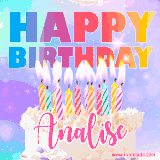 A vibrant animated name GIF with the words 'Happy Birthday Analise' with colorful candles on a creamy cake. The background sparkles with pastel shades, adding a festive touch.