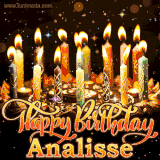 A glowing personalized birthday GIF with name Analisse featuring lit candles with intricate designs, warm lighting, and the text 'Happy Birthday' in an elegant font.