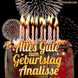 A chocolate birthday cake with glowing candles, the German text 'Alles Gute zum Geburtstag Analisse,' and vibrant fireworks lighting up the background in an animated GIF.