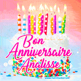A white birthday cake covered in colorful sprinkles, topped with bright candles, and French text 'Bon Anniversaire Analisse' on a pastel gradient background in an animated GIF.