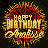 Golden 'Happy Birthday Analisse' text accompanied by animated rainbow fireworks for a festive animated greeting.