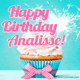 A festive cupcake with pink icing, a gingham bow, and a lit animated sparkler, paired with 'Happy Birthday Analisse!' in bright pink text.