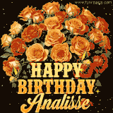 Animated bouquet of orange roses with moving butterfles and golden 'Happy Birthday Analisse' text, surrounded by sparkling accents and a dark backdrop for a luxurious feel.