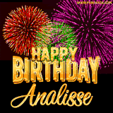 A golden 'Happy Birthday Analisse' message with vibrant fireworks in the background, creating a festive and celebratory vibe in this animated name GIF.