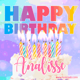 A vibrant animated name GIF with the words 'Happy Birthday Analisse' with colorful candles on a creamy cake. The background sparkles with pastel shades, adding a festive touch.